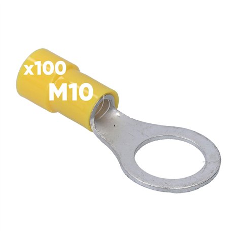 Kalitec RKSGM10 Lot de 100 cosses à anneau 4-6 mm² I partiellement isolées M10 jaune I Cuivre I Col en PVC I pour connecter des