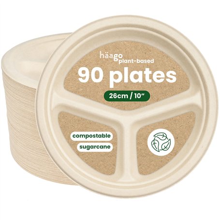 HAAGO 90 Assiettes Jetables en Bagasse de Canne à Sucre - Écologique & Compostable (3 Compartiments