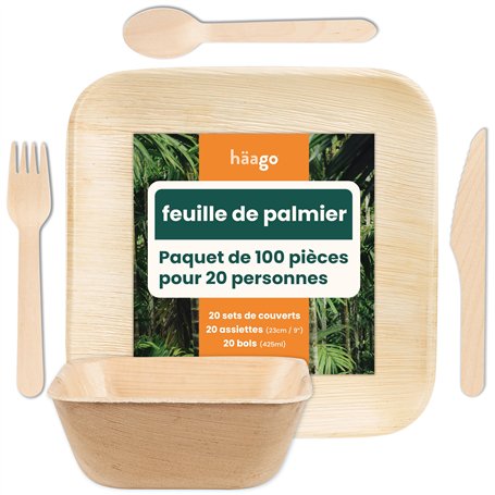 HAAGO 100 Pcs Vaisselle Jetable en Feuille de Palmier (20 Assiettes Carrées
