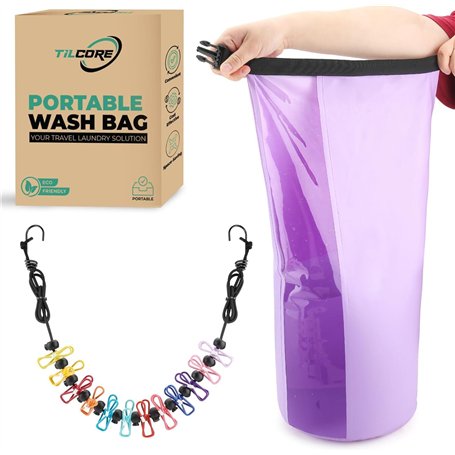 Sac Lave-Linge Manuel et Corde à Linge Rétractable - Sac de Voyage et Lavage Portable - Machine à Laver de Camping Durable