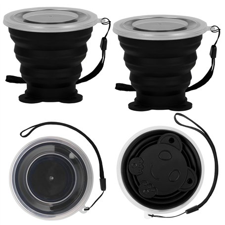 BELLE VOUS (Lot de 4 Gobelet Pliable Silicone de Voyage Noir avec Cordons - 180 ml - Verre Pliable Réutilisable avec Couvercle e