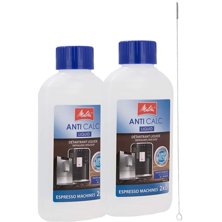 Melitta Lot de 2 détartrants liquides pour machines à café et machines à expresso avec brosse de nettoyage Quvido avec poils de