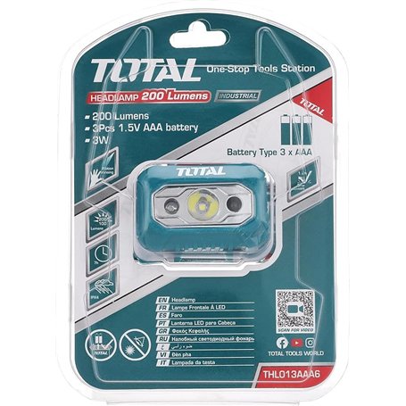 TOTAL - Lampe frontale - Avec lumière LED de 200 lumens - Protection IPX4 étanche - Comprend 3 piles AAA - Distance maximale de