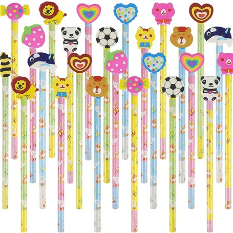 SULOLI 24pcs Crayons Enfant de Dessin Animé avec Gomme，Cadeau d'Anniversaire de Fête de Gadget de Crayon d'Enfant (Couleur/Style