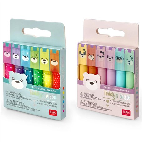 LEGAMI Mini surligneurs – Lot de 12 stylos – Teddy's Mood & Teddy's Style – Couleurs pastel et fluo