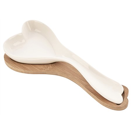Support cuillère de cuisine en céramique blanche avec soucoupe en bois en forme de cœur