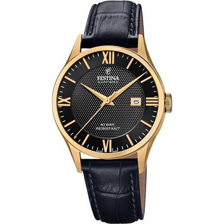 Festina Montre pour Homme F20010/4 Swiss Made Boîtier en Acier Inoxydable Doré Bracelet en Cuir Noir