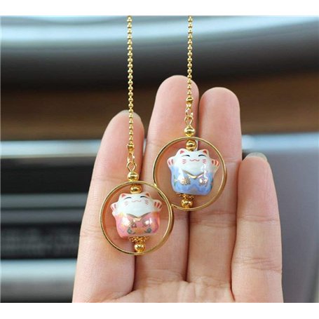 ButerDem Maneki Neko - Feng Shui Pendentif avec Chat Japonais Porcelaine - Porte-Bonheur Traditionnel (Rose & Bleu)