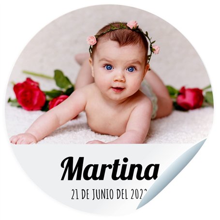 Etiquettes adhésives avec photo pour baptême. Autocollants personnalisés avec nom et date pour les cadeaux de vos invités. Mesur