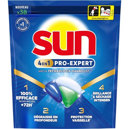 Sun - Pro Expert - Capsules Lave Vaisselle - Action 4 en 1 - Regular - Elimine 100% des taches brûlées de +72h - dégraissent en