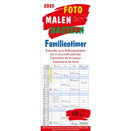 Calendrier familial 2025 avec 4 colonnes comme calendrier photo à personnaliser