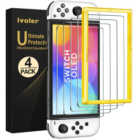 ivoler Pack de 4 Verre Trempé Compatible avec Nintendo Switch OLED Modèle 7 Pouces Modèle 2021, avec Kit Installation Offert, Fi