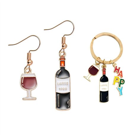 GTYHH 1 Paire De Boucles d'oreilles en Verre De Vin Rouge Et 1 Porte-Clés en Verre De Vin Rouge