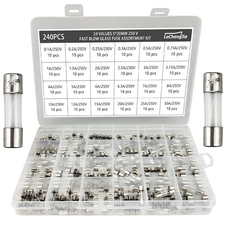 24 Valeurs 240 pcs Kit d'assortiment de Fusibles à action lente 5x20mm 250V 0.1/0.2/0.25/0.3/0.5/0.75/1/1.5/2/2.5/3/3.15/4/5/6/6