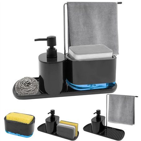 Druuzyl Distributeur de Liquide Vaisselle et Savon Cuisine 4 en 1 - Noir avec Support Éponge et Porte-Torchon