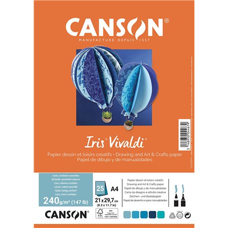 CANSON Iris Vivaldi - Paquet 25 feuilles de papier couleur A4 - 240g/m² - Assortiment de bleu