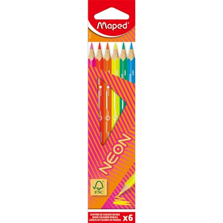 Maped - 6 Crayons de couleur NEON - Coloriage Effet Néon - Boîte de 6 Crayons NEON