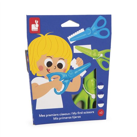 Janod - Set de 3 Paires de Ciseaux avec 3 Formes de Découpe - Bouts Ronds Sécurisés - Lames Plastique - Idéal activité Manuelle
