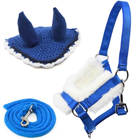 Hobby Horse Ensemble d'accessoires Licol moumoute Bleu avec Longe et Bonnet Anti-Insectes Bleu pour activité de Hobby Horsing.