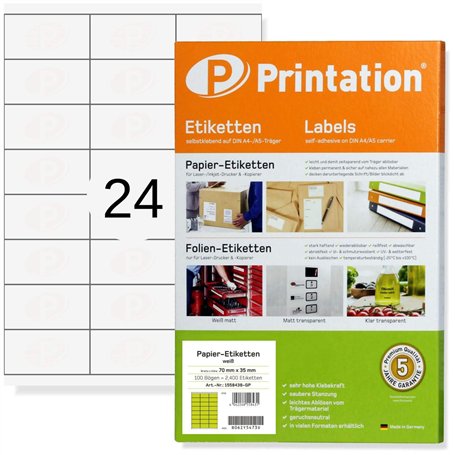 Printation 4429 3422 LA130 Lot de 2400 70 x 35 mm étiquettes d'adresse blanches autocollantes imprimables - 100 feuilles A4 de 7