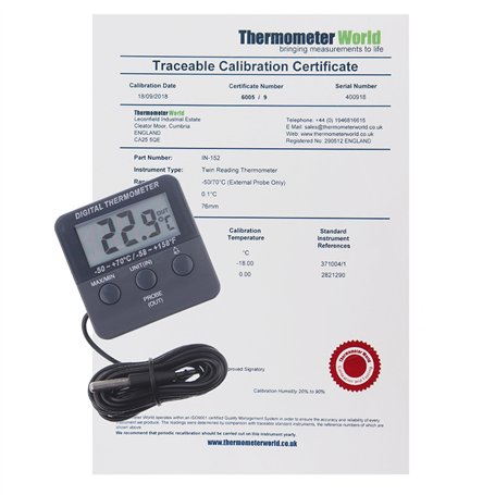 Thermomètre numérique calibré pour réfrigérateur/congélateur avec certificat d'étalonnage traçable à 2 points