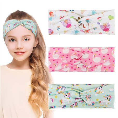3pcs Bandeaux Large Cheveux Fille Headband Serre Tête Élastique Licorne Cygne Coeur Fée Papillon Dessin Animé Blanc Vert Rose Ba