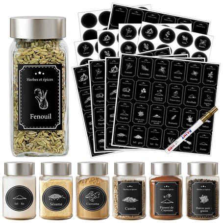 Joyoldelf 240 Etiquettes Epices Francais Noires:120 Rectangulaires + 120 Rondes