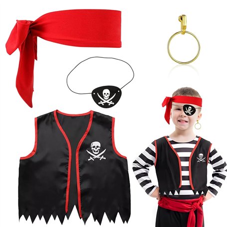 GEBETTER 1Kit Costume Déguisement Pirate Bandeau Cache-Oeil Gilet Boucle d’Oreille Accessoire Carnaval Halloween Anniversaire Fê