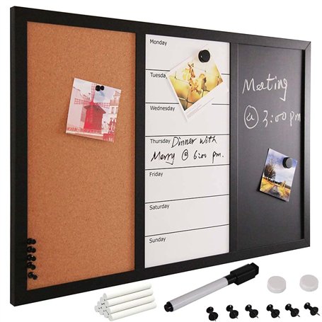 Bakaji Tableau magnétique blanc et noir avec tableau mémo en liège combiné 60 x 40 cm cadre bois avec set craies marqueur effaça