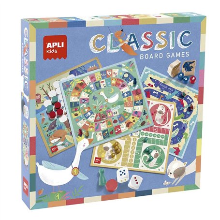 APLI Kids 19147 - Jeux de société 4 en 1 : un ensemble de 4 jeux de société classiques illustrés : le jeu de l'oie