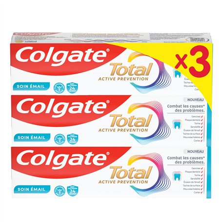 COLGATE - Total Active Prevention Soin Émail Dentifrice 24h - Protège l'émail et prévient les problèmes bucco-dentaires - 3x75ml