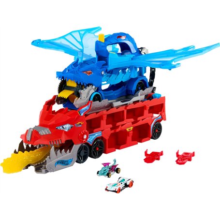 Hot Wheels Transporteur 2 en 1 Dragons City avec 2 transporteurs Dragons et 2 Voitures Miniatures