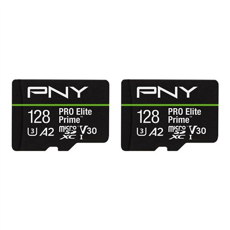 PNY Lot de 2 Cartes microSDXC 128GB Pro Elite Prime Class 10 U3 V30 A2 + Adaptateur SD - jusqu'à 200MB/s