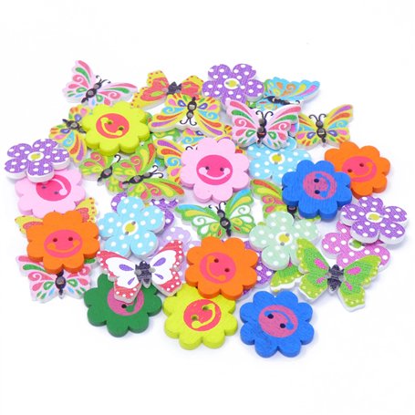 Lot de 40 boutons en bois pour activités manuelles motifs assortis Fleur & Papillon