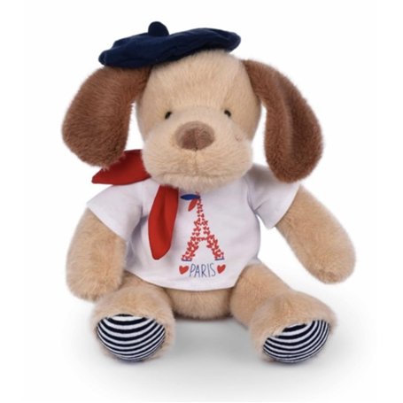 DOUDOU ET COMPAGNIE - Peluche Chien Marinière Tour Eiffel - 28 Cm - Collection Amour de Paris - Doudou Peluche à Câliner Avec Bé