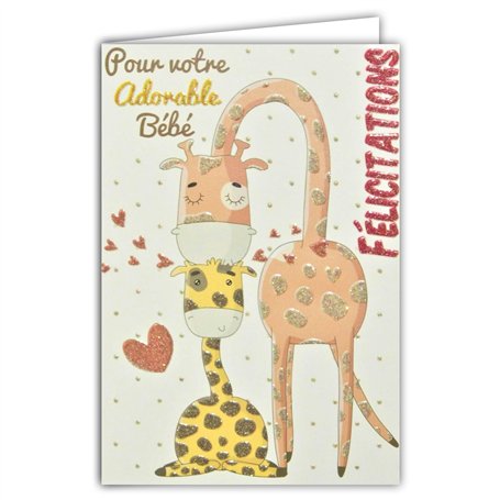 66-1158 Carte avec Paillettes Félicitations aux Parents Heureux - Bienvenu Bébé - Petite Fille - Maman Girafe Animaux Cœurs Rose