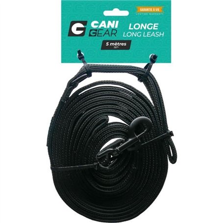 Longe pour chien - CANI GEAR - 5 m - Néoprene souple avec poignée - Noir