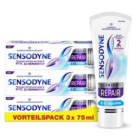 Sensodyne Clinical Repair Dentifrice pour dents sensibles avec 5% NovaMin pour un soulagement longue durée 3 x 75 ml