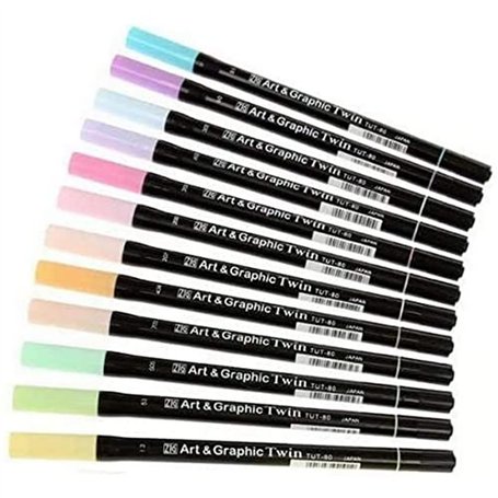 Tsukineko Set de 12 Feutres Aquarelle Pastels Double Embout