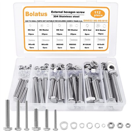 Bolatus Lot de 112 vis à tête hexagonale M6 M8 M10 DIN 933 en acier inoxydable avec écrous