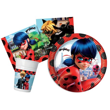 Kit Vaisselle de Fête Miraculous Ladybug pour 24 personnes (88 pcs: 24 assiettes Ø23cm