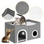 BAKAJI Niche pour chats gris avec double entrée, abris pour animaux domestiques, griffoir en polyester chaud et rembourré, lit a