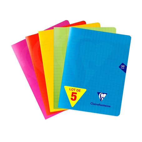 Clairefontaine 303781Cpack Un lot de 5 Cahiers Agrafés Mimesys - 17x22 cm - 140 Pages Grands Carreaux - Papier Blanc 90 g - Couv