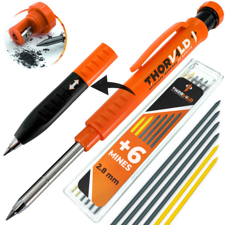THORVALD Crayon Chantier PRO EXTENSIBLE (+ 7 MINE Multi-Supports + Taille Mine + Grip Easy-write) Porte Mine pour Menuisier, Bri