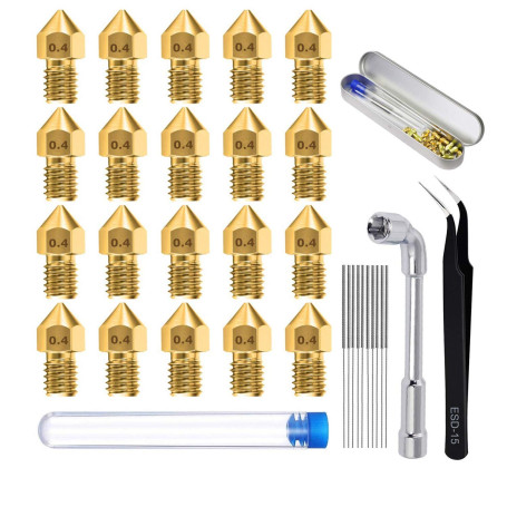 20PCS 0,4 mm 3D Imprimante Laiton Buse, Outil de Nettoyage Avec Buses, 1 Clé à Douille, 1 Pincette, Pour MK8 Extrudeuse Nozzle/C