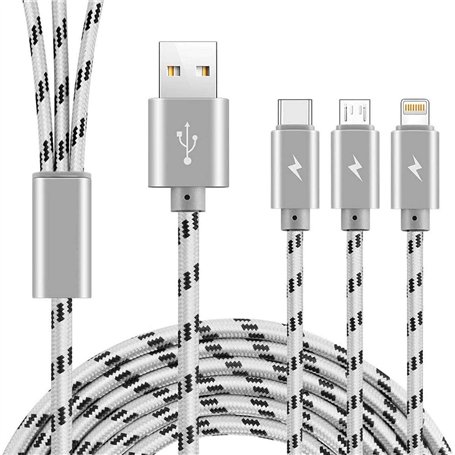 Câble de charge multiple 3 en 1 [3 m] long câble de chargeur rapide en nylon tressé avec ports IP/micro USB/type C pour iP 13/12