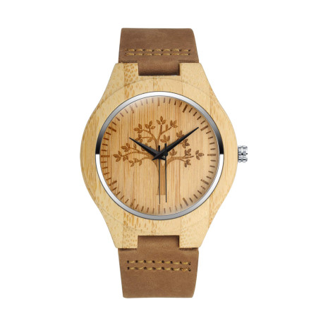 MicLee Montre à Quartz en Bois de Bambou pour Homme Femme Montres en Bois Naturel à Motif Arbre de la Vie Bracelet en Cuir Cadra