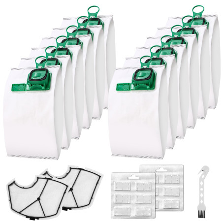 Lot de 12 sacs d'aspirateur VK140 - 5 couches de filtration - Auto-scellants - Anti-allergies - Avec 2 filtres + 12 parfums + 1