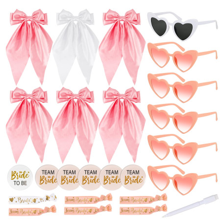 31pcs EVJF Accessoire Élastique à Cheveux Nœuds et Lunettes Cœur Blanc Rose avec Badge Mariée Bracelet Team Bride Tatouage Marié