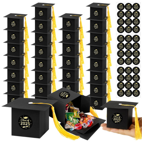 30pcs Boîte bonbon de Remise des Diplômes Forme de Chapeau Diplôme Graduation Boîtes à Dragées avec Autocollant Class of 2025